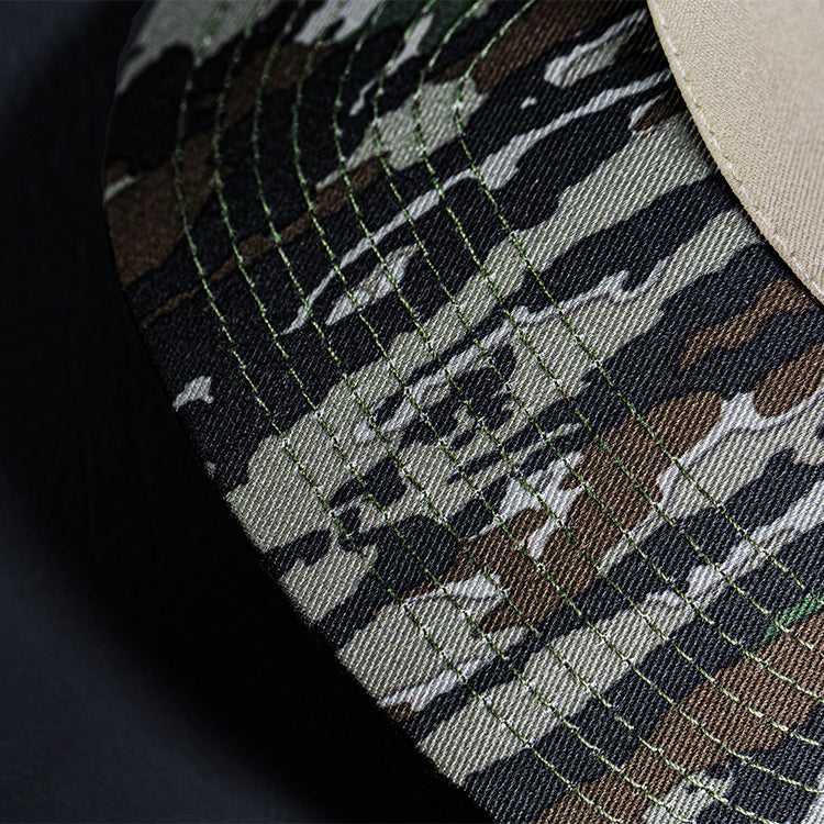 all-groups Blvnk Headwear Origin Vintage Shape blank Snapback in Natural and Realtree Original Camo bill close up.