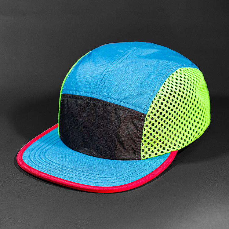 The Ultra Tech blank performance 5 Panel Runners Cap in Black, Emerald, Neon Green and Laser by Blvnk Headwear.