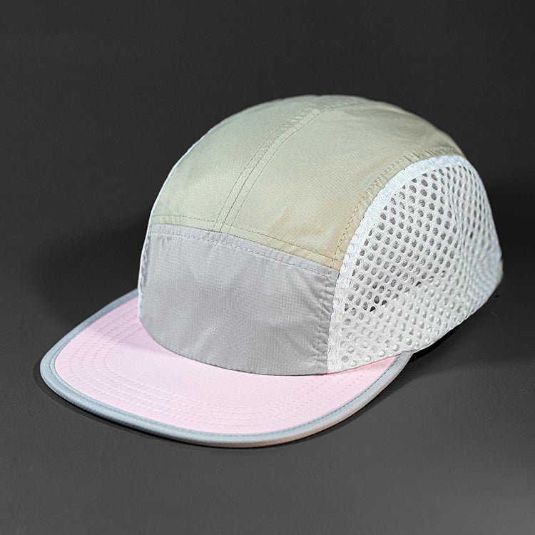 The Ultra Tech blank performance 5 Panel Runners Cap in Flat Grey, Mute, White and Pink by Blvnk Headwear.