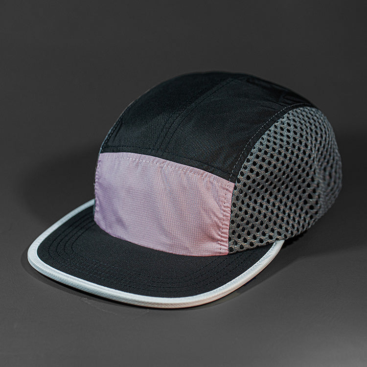 The Ultra Tech blank performance 5 Panel Runners Cap in Pink Black Asphalt and White by Blvnk Headwear.