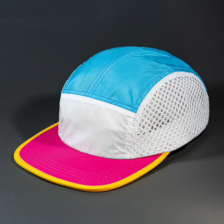 The Ultra Tech blank performance 5 Panel Runners Cap in White, Cloud Blue, Fuchsia and Peachy by Blvnk Headwear.