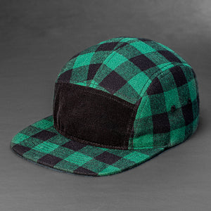 Blank 5 panel hat in black and green buffalo plaid with a black corduroy front panel designed by Blvnk Headwear.