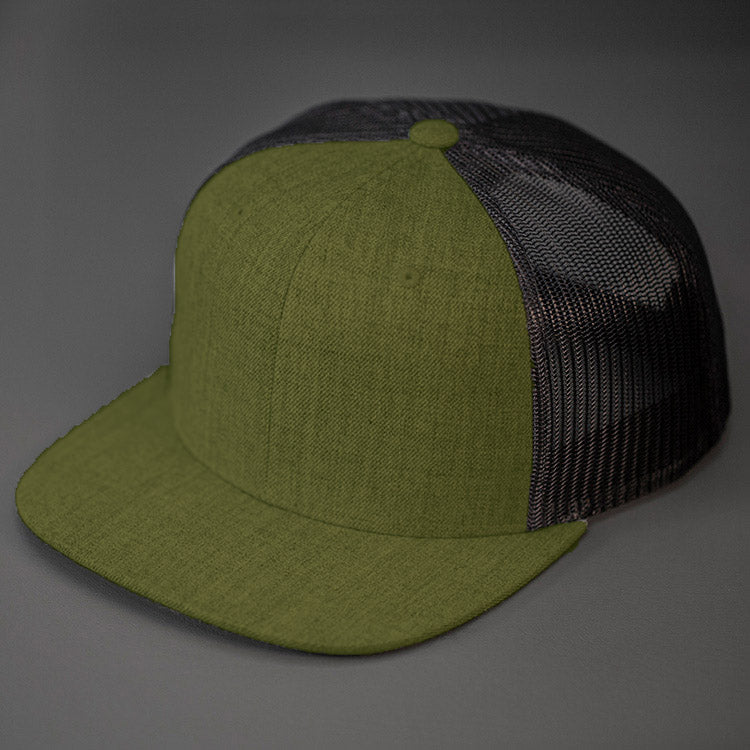 A Army Olive Crown, Blank Trucker Hat, With Black Mesh Back Panels, Army Olive Colored Flat Bill & Classic Snapback. Designed by Blvnk Headwear.