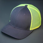 A Charcoal & Neon Yellow, Cotton Twill, Mesh Backed, Blank Trucker Hat with a Pre Curved Bill, & Classic Snapback.  |  Designed by Blvnk Headwear