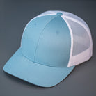 A Smoke Blue & White, Cotton Twill, Mesh Backed, Blank Trucker Hat with a Pre Curved Bill, & Classic Snapback.  |  Designed by Blvnk Headwear