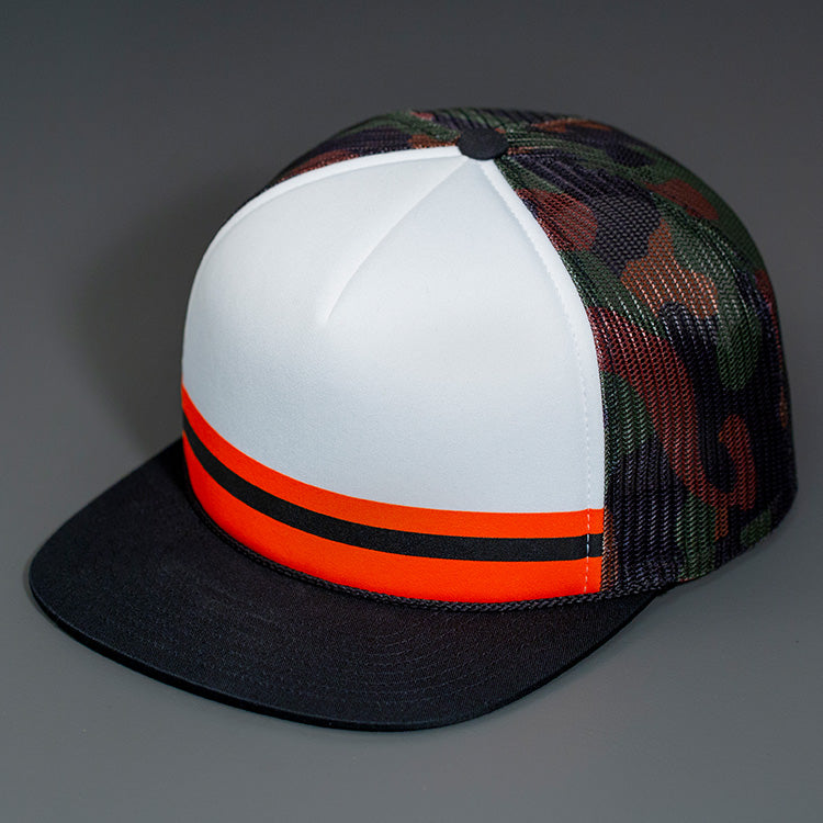 The "Line Up" Orange & Black Printed Foam Front, Camo Mesh Backed, Blank Trucker Hats with a Black Flat Bill, & Classic Snapback.  Designed By Blvnk Headwear.