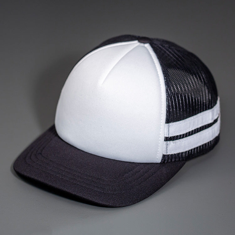 A White Low Profile Foam Front, White Striped, Black Mesh Back, Blank Trucker Hat with a Curved Bill, & Classic Snapback. Designed by Blvnk Headwear.