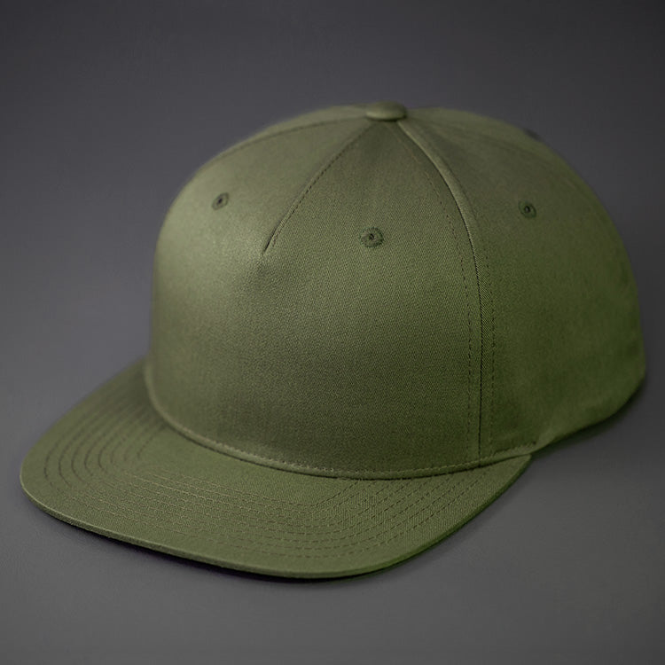 An Army Olive Colored, Cotton Twill, Pinch Front, Blank Snapback Hat. Designed & Manufactured by Blvnk Headwear.