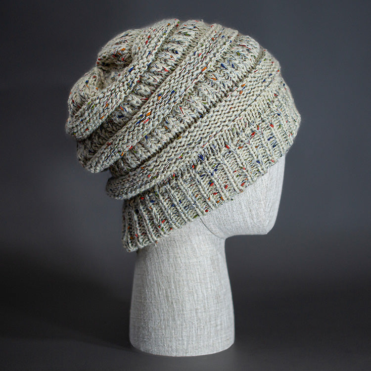 A Speckled Oatmeal, Alternating Rib Knit, Blank Beanie. Designed by Blvnk Headwear