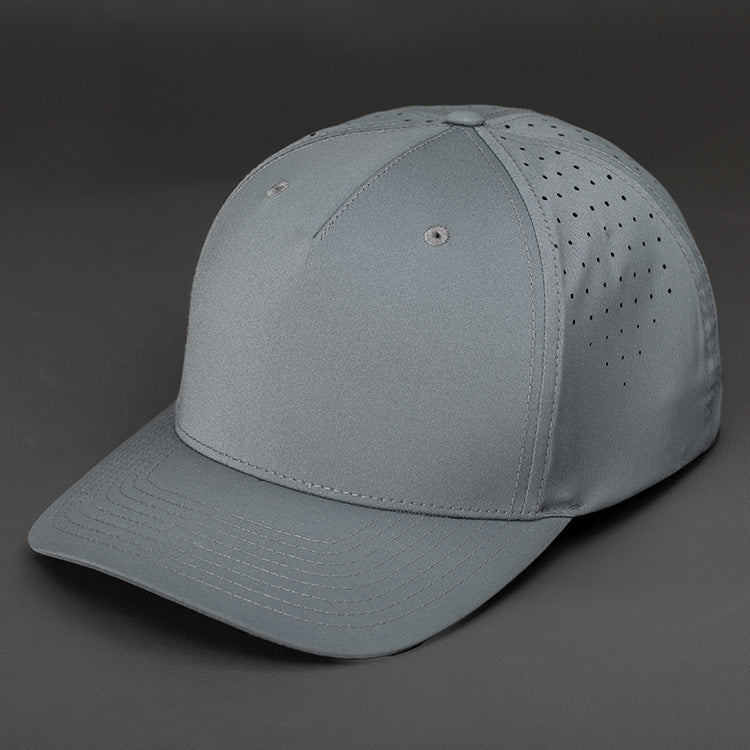 The Vanguard Tech Blank Snapback in Grey Performance Stretch Fabric. A Pinch Front 5 Panel Hat, Featuring Custom Perforated Back Panels, Pre Curved Bill & Classic Snapback. Designed by Blvnk Headwear. YOU KNOW