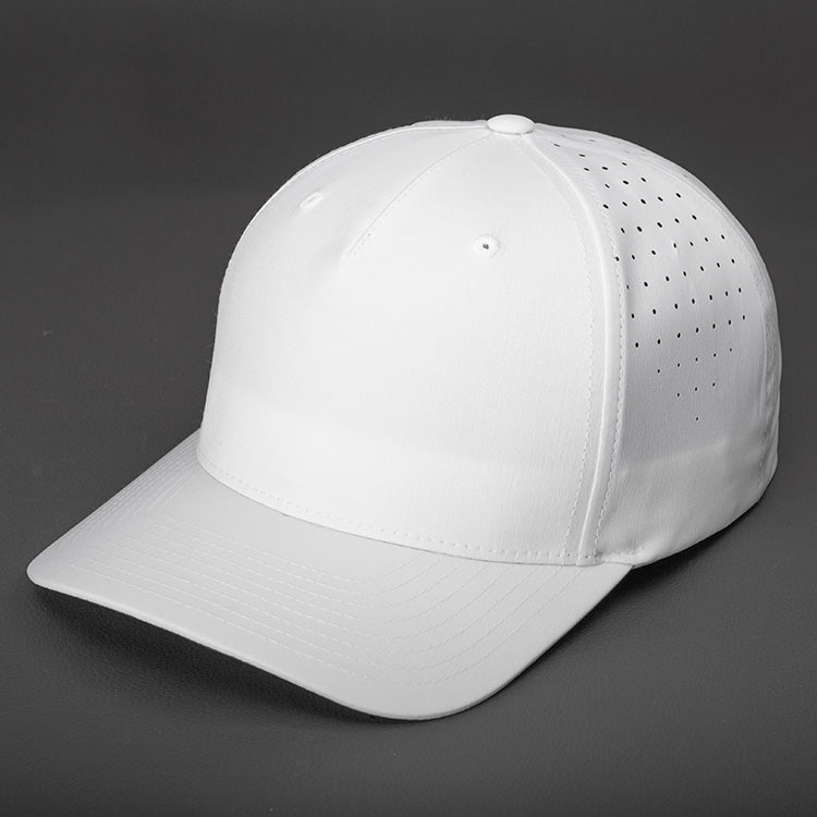 The Vanguard Tech Blank Snapback in White Performance Stretch Fabric. A Pinch Front 5 Panel Hat, Featuring Custom Perforated Back Panels, Pre Curved Bill & Classic Snapback. Designed by Blvnk Headwear. YOU KNOW