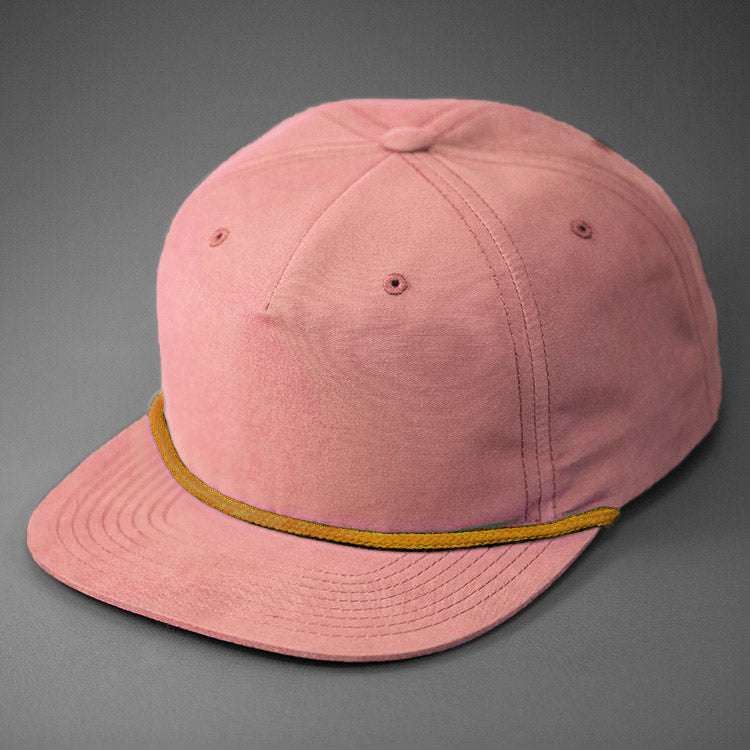 A Salmon, Grandpa Style Nylon, Pinch Front, Blank Flat Bill with a Gold Rope & Classic Snapback. Designed by Blvnk Headwear.