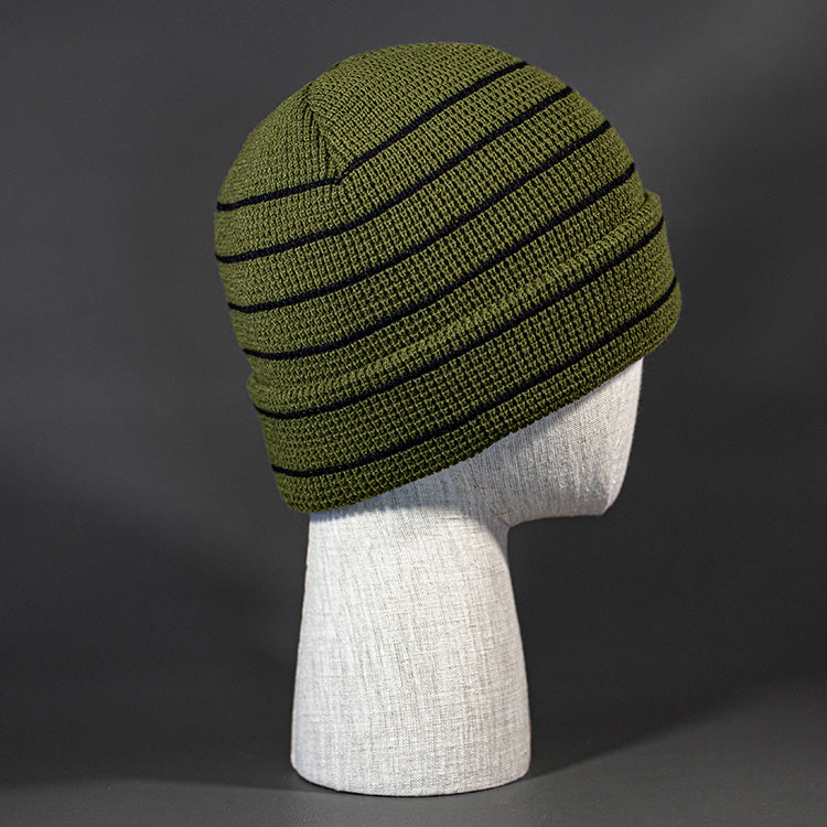 The Brussels Blank Waffle Beanie in Olive and Black by Blvnk Headwear.