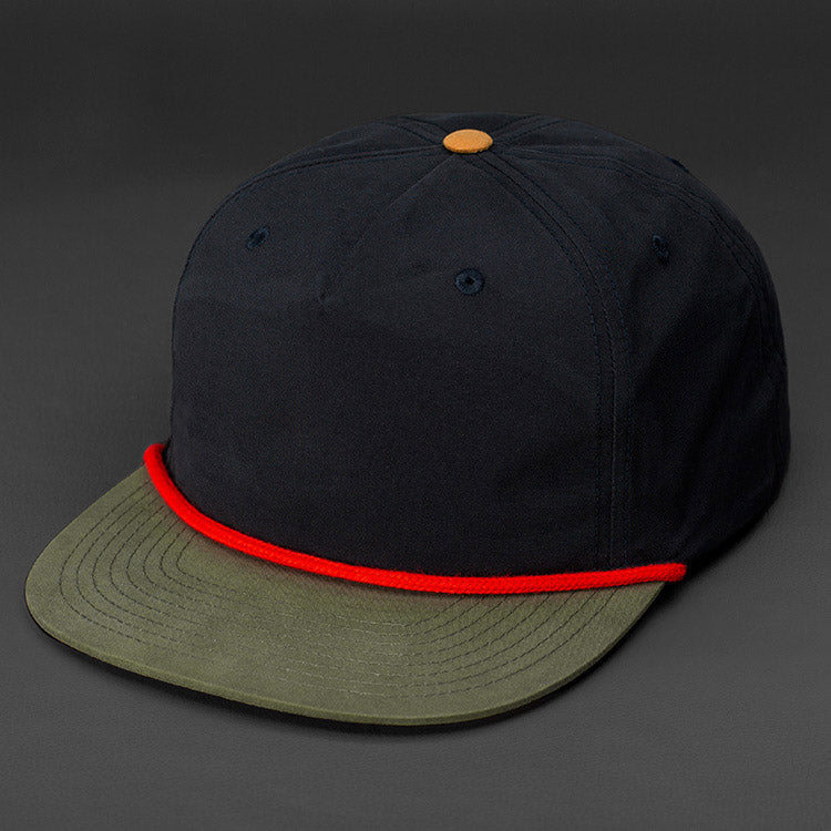 A Black, Grandpa Style Nylon, Pinch Front, Blank Laden colored Flat Bill with a Red Rope, Biscuit Button & Classic Snapback.  Designed by Blvnk Headwear.