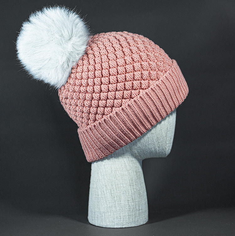 Diamonds Are Fur Ever blank Diamond Quilted Fax Fur Pom Beanie in Rose Petal and Snow by Blvnk Headwear.