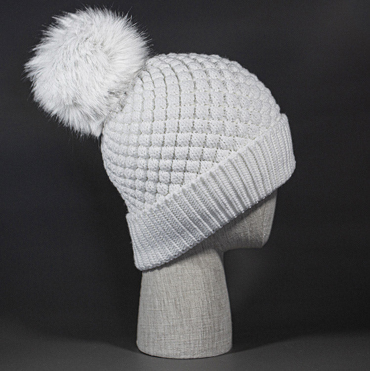 Diamonds Are Fur Ever blank Diamond Quilted Fax Fur Pom Beanie in White & Snow by Blvnk Headwear.