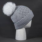 Diamonds Are Fur Ever blank Diamond Quilted Fax Fur Pom Beanie in Heather Grey and Snow by Blvnk Headwear.