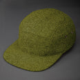 A Warm, Army Olive, Melton Wool, Blank 5 Panel Camp Hat With a Flat Bill, & Leather Strapback. - Designed by Blvnk Headwear.