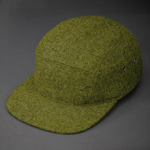 A Warm, Army Olive, Melton Wool, Blank 5 Panel Camp Hat With a Flat Bill, & Leather Strapback. - Designed by Blvnk Headwear.