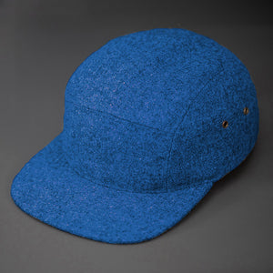 A Warm, Blue, Melton Wool, Blank 5 Panel Camp Hat With a Flat Bill, & Leather Strapback. - Designed by Blvnk Headwear.