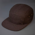 A Warm, Brown, Melton Wool, Blank 5 Panel Camp Hat With a Flat Bill, & Leather Strapback. - Designed by Blvnk Headwear.