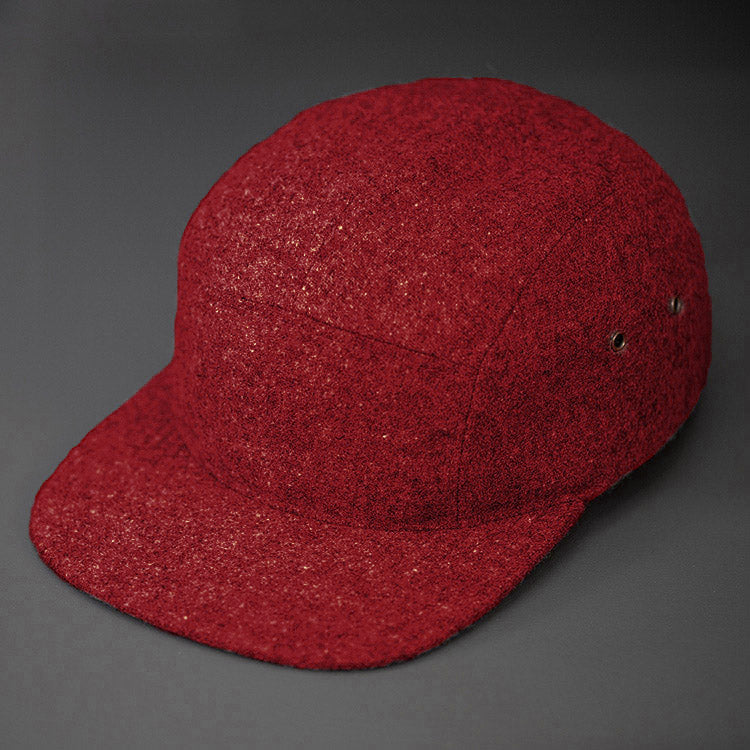 A Warm, Maroon, Melton Wool, Blank 5 Panel Camp Hat With a Flat Bill, & Leather Strapback. - Designed by Blvnk Headwear.