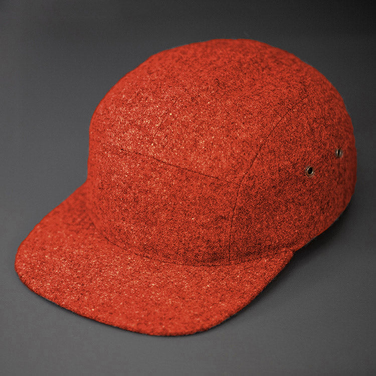 A Warm, Rust, Melton Wool, Blank 5 Panel Camp Hat With a Flat Bill, & Leather Strapback. - Designed by Blvnk Headwear.
