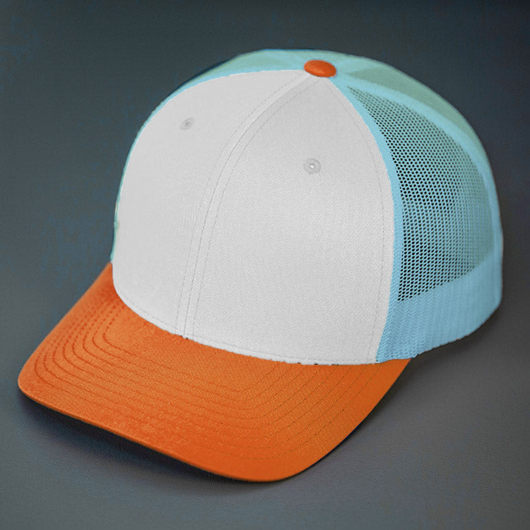 A White, Columbia Blue & Dark Orange, Cotton Twill, Mesh Backed, Blank Trucker Hat with a Pre Curved Bill, & Classic Snapback. | Designed by Blvnk Headwear