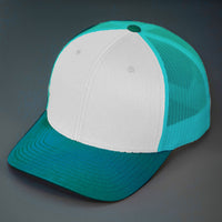 A White, Teal & Deep Teal, Cotton Twill, Mesh Backed, Blank Trucker Hat with a Pre Curved Bill, & Classic Snapback. | Designed by Blvnk Headwear