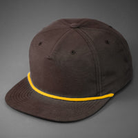 A Brown, Grandpa Style Nylon, Pinch Front, Blank Flat Bill with a Yellow Rope & Classic Snapback. Designed by Blvnk Headwear.