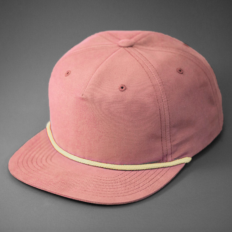 A Salmon, Grandpa Style Nylon, Pinch Front, Blank Flat Bill with a Khaki Rope & Classic Snapback. Designed by Blvnk Headwear.