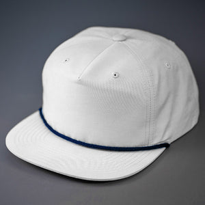 A White, Grandpa Style Nylon, Pinch Front, Blank Flat Bill with a Navy Rope & Classic Snapback. Designed by Blvnk Headwear.