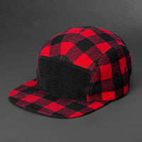 Blank 5 panel hat in black and red buffalo plaid with a black corduroy front panel designed by Blvnk Headwear.