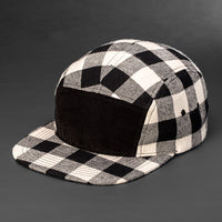 Blank 5 panel hat in black and white buffalo plaid with a black corduroy front panel designed by Blvnk Headwear.