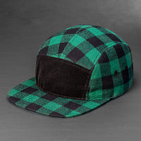 Blank 5 panel hat in black and green buffalo plaid with a black corduroy front panel designed by Blvnk Headwear.