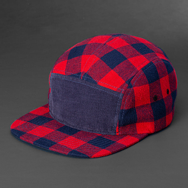 Blank 5 panel hat in navy and red buffalo plaid with a navy corduroy front panel designed by Blvnk Headwear.