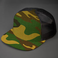 A Camo Crown, Blank Trucker Hat, With Black Mesh Back Panels, Camo Colored Flat Bill & Classic Snapback. Designed by Blvnk Headwear.