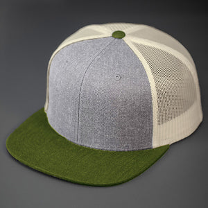 A Heather Grey Wool Crown, Blank Trucker Hat, With Birch Mesh Back Panels, Army Olive Colored Flat Bill & Classic Snapback. Designed by Blvnk Headwear.