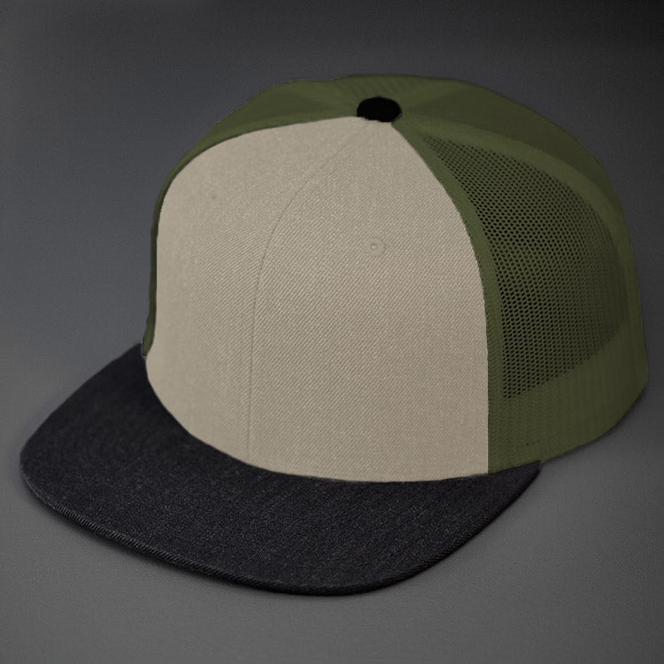 A Heather Yellow Grey Crown, Blank Trucker Hat, With Loden Mesh Back Panels, Black Colored Flat Bill & Classic Snapback. Designed by Blvnk Headwear.