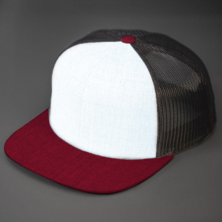 A Storm Wool Crown, Blank Trucker Hat, With Lt Charcoal Mesh Back Panels, Cardinal Colored Flat Bill & Classic Snapback. Designed by Blvnk Headwear.