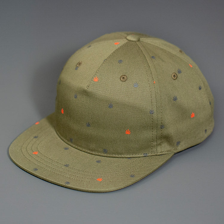 A Loden Green, Cotton Twill, Chronic Micro Leaf Pattern, with a mesh structure, Flatbill & Blank Strapback Hat