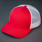 A Red & White, Cotton Twill, Mesh Backed, Blank Trucker Hat with a Pre Curved Bill, & Classic Snapback.  |  Designed by Blvnk Headwear