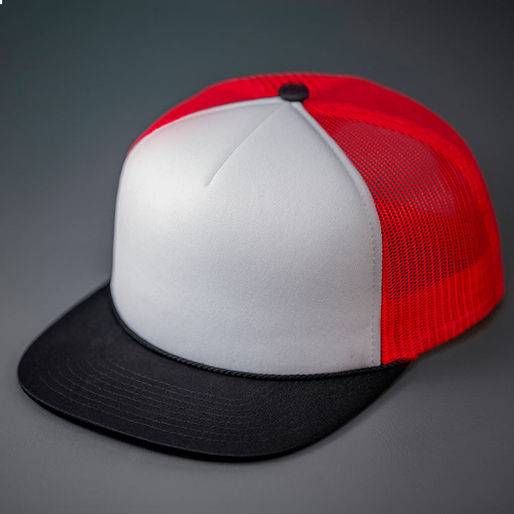A White, Red & Black, Foam Front, Mesh Backed Blank Trucker Hat with a Flat Bill, & Classic Snapback.  Designed by Blvnk Headwear.