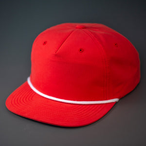 A Red, Grandpa Style Nylon, Pinch Front, Blank Flat Bill with a White Rope & Classic Snapback.  Designed by Blvnk Headwear.