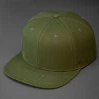 An Army Olive Green, Wool, 6 Panel, Flat Bill, Blank Snapback.  Designed by Blvnk Headwear.