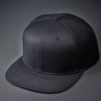 A Black, Wool, 6 Panel, Flat Bill, Blank Snapback.  Designed by Blvnk Headwear.