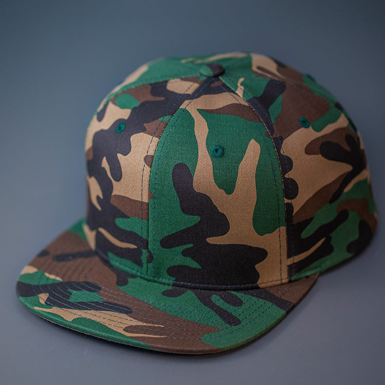 A Camo, Wool, 6 Panel, Flat Bill, Blank Snapback.  Designed by Blvnk Headwear.