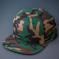 A Camo, Wool, 6 Panel, Flat Bill, Blank Snapback.  Designed by Blvnk Headwear.