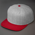 A Heather Grey & Tibet Red, Wool, 6 Panel, Flat Bill, Blank Snapback.  Designed by Blvnk Headwear.