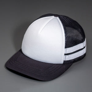 A White Low Profile Foam Front, White Striped, Black Mesh Back, Blank Trucker Hat with a Curved Bill, & Classic Snapback.  Designed by Blvnk Headwear.